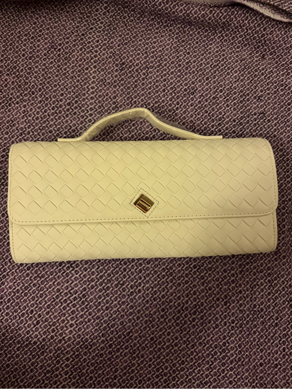 Woven Cream Top-Handle Clutch with Gold-Tone Accent